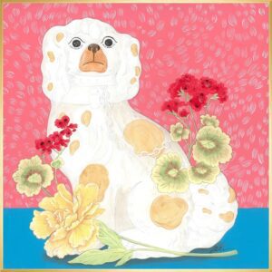 A "Smitten Pretty" II Chinoiserie Staffordshire dog print of a white poodle adorned with delicate flowers.