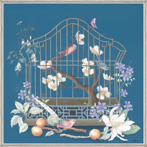 A blue and white "This is For the Birds" chinoiserie birdcage featuring birds in a cage surrounded by flowers.
