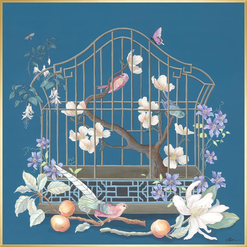 A "This is For the Birds" chinoiserie birdcage featuring a bird cage and flowers on a blue background.