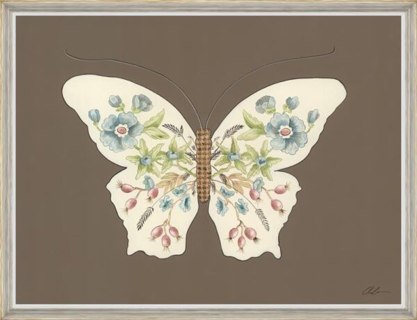 The Butterfly Effect" Chinoiserie butterfly art prints on a brown background.