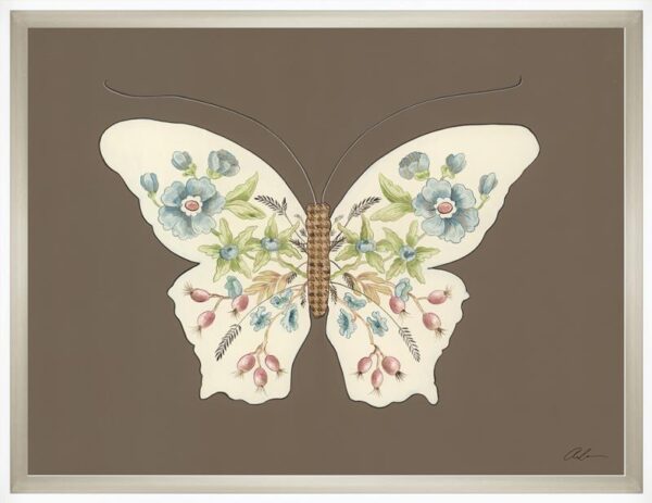 The Butterfly Effect" Chinoiserie art prints featuring a butterfly surrounded by flowers on a brown background.