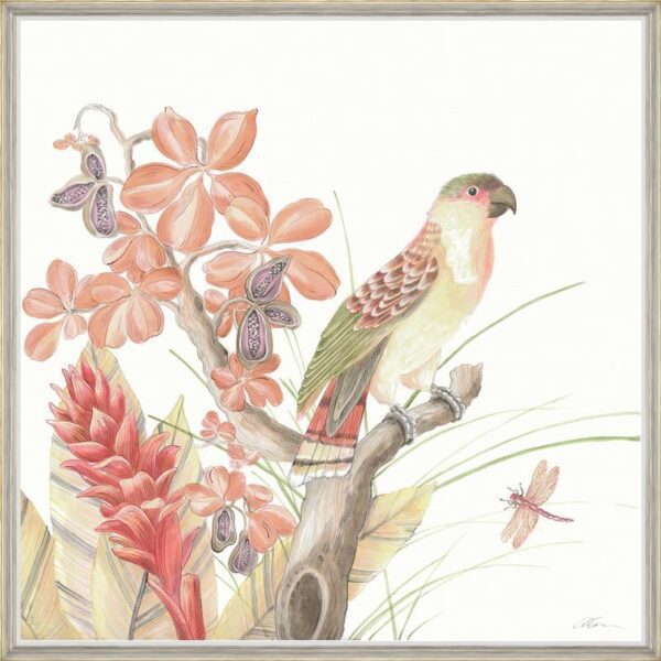 A painting of a parrot perched on a branch with flowers.