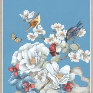 A "In Blue Time" Chinoiserie bird art print featuring birds and flowers on a blue background.