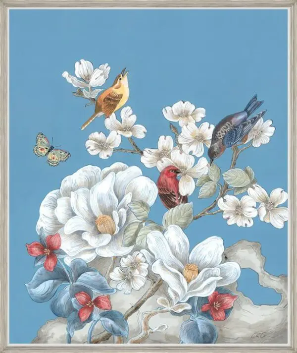 A "In Blue Time" Chinoiserie bird art print featuring birds and flowers on a blue background.
