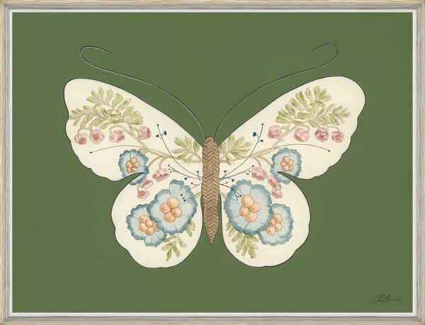 A butterfly with blue flowers on a green background.