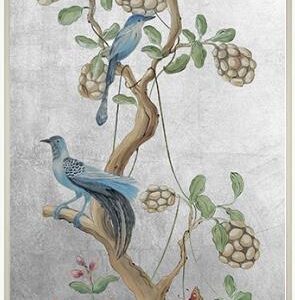 A "Take it to the Nest Level" silver Chinoiserie art bird painting of birds and flowers on a tree.