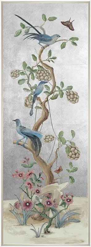 A "Take it to the Nest Level" silver Chinoiserie art bird painting of birds and flowers on a tree.