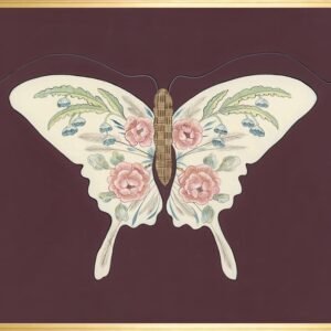A "Social Butterfly" Chinoiserie art print featuring a white butterfly amidst pink flowers on a maroon background.