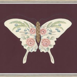 A "Social Butterfly" Chinoiserie art print surrounded by intricate flowers, set against a rich maroon background.