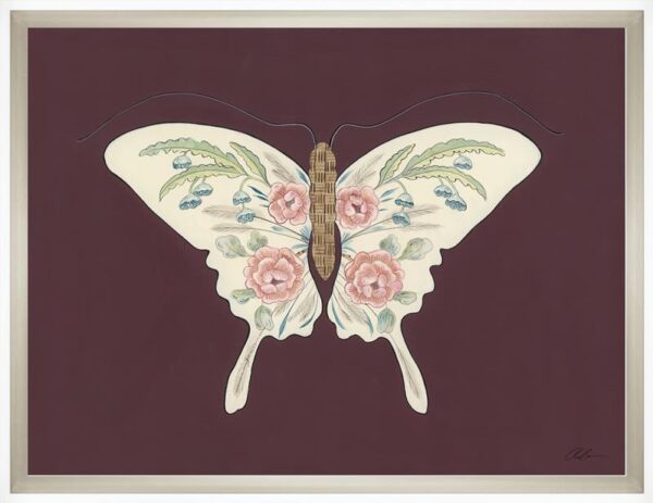 A "Social Butterfly" chinoiserie-inspired butterfly surrounded by flowers on a maroon background.