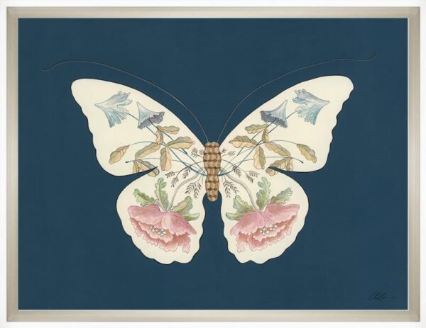 The Way of the Butterfly" chinoiserie art prints of a butterfly with flowers on a blue background.