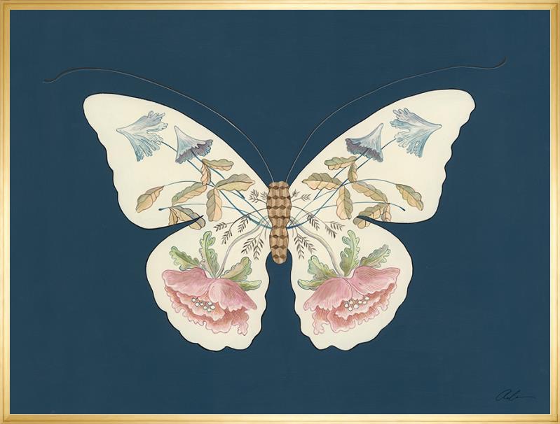 The Way of the Butterfly" Chinoiserie art prints featuring a butterfly amidst flowers on a blue background.
