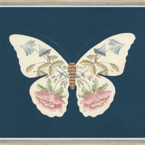 The Way of the Butterfly" Chinoiserie art prints, featuring a butterfly surrounded by flowers against a blue background, in an exquisite chinoiserie art print.