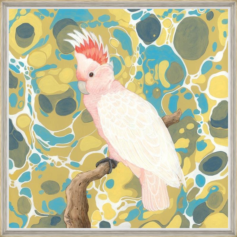 A painting of a pink cockatoo sitting on a branch.