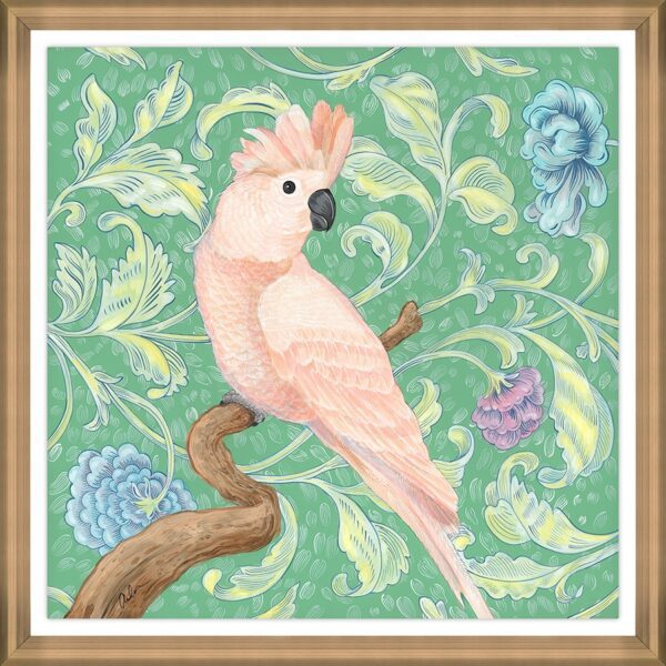 A painting of a pink cockatoo sitting on a branch.