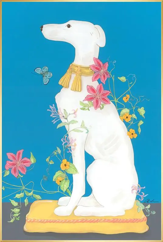 An artistic "Hound By Me" greyhound statue art print surrounded by flowers on a blue background.