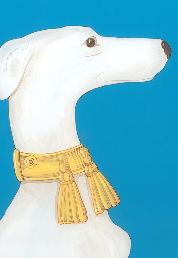 A painting of a white "Hound By Me" greyhound wearing a gold collar.