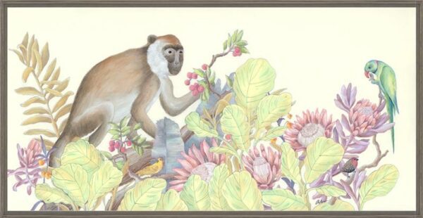 The Natives" monkey art print featuring a monkey surrounded by vibrant flowers and plants.