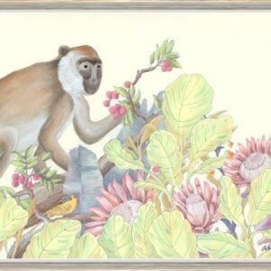 A "The Natives" monkey art print surrounded by vibrant flowers in a frame.