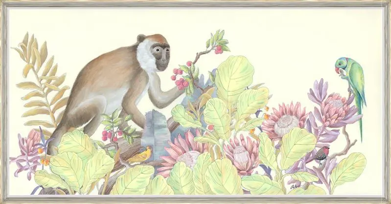 A "The Natives" monkey art print surrounded by vibrant flowers in a frame.