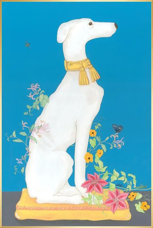 A white "Hound By Me" greyhound with flowers on a blue background, depicted in an art print.