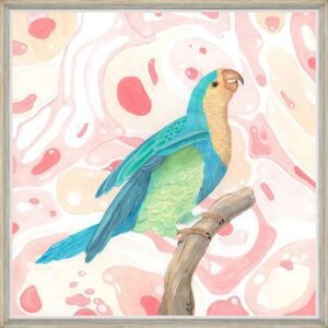 The "Feather Let Me Go" parrot art print features a watercolor painting of a blue and pink parrot on a branch.