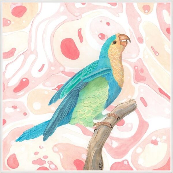 A watercolor painting of the "Feather Let Me Go" parrot art print with hints of blue and green, perched on a branch.