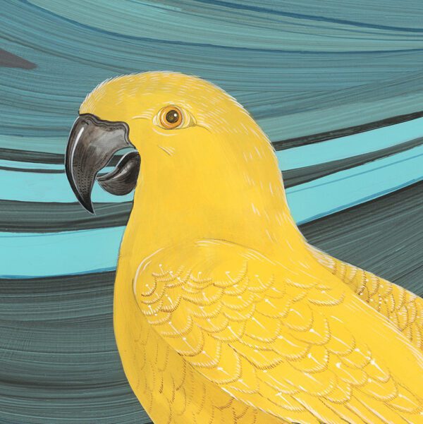 Gossip Swirl" yellow parrot art print is a vibrant yellow parrot art print set against a soothing blue background.