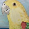 The Feather Forecast" parrot art print features a dazzling yellow bird against a captivating blue background.
