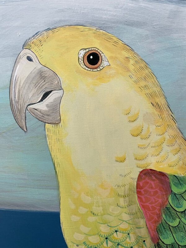 The Feather Forecast" parrot art print features a dazzling yellow bird against a captivating blue background.