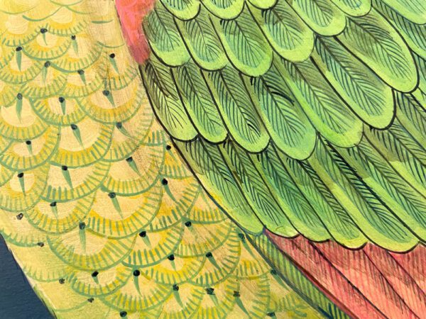 A close up of "The Feather Forecast" parrot's feathers transformed into an exquisite parrot art print.