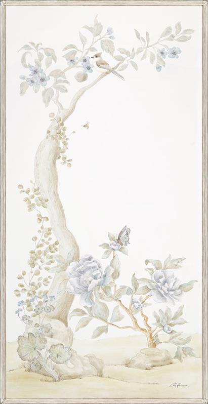 A "Quiet Garden I, Chinoiserie panels art print" with flowers and butterflies.
