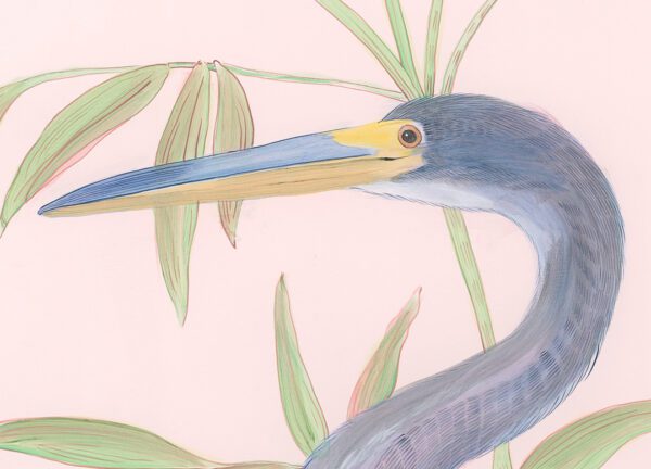The Wading Season" Coastal Chinoiserie Heron art print featuring a painting of a blue heron on a pink background.