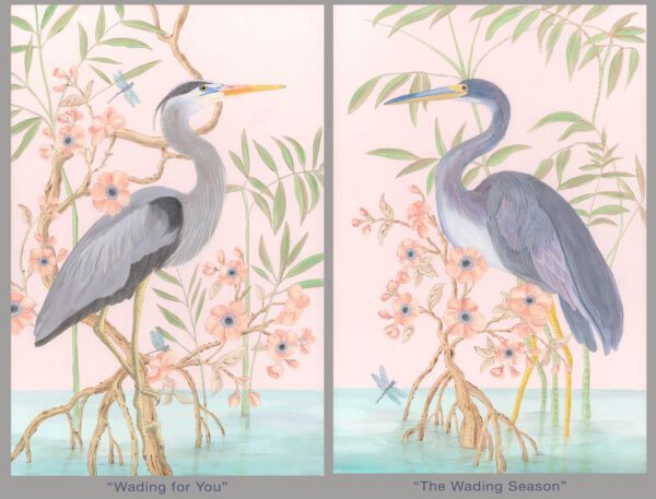 The Wading Season" Coastal Chinoiserie heron art print featuring a pair of blue herons on a pink background.