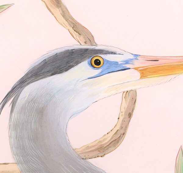 A "Wading for You" Coastal Chinoiserie Blue Heron art print featuring a blue heron on a branch.