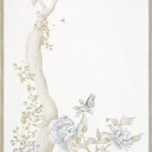 A "Quiet Garden I, Chinoiserie panels art print" painting of a garden with a tree, flowers, and butterflies.