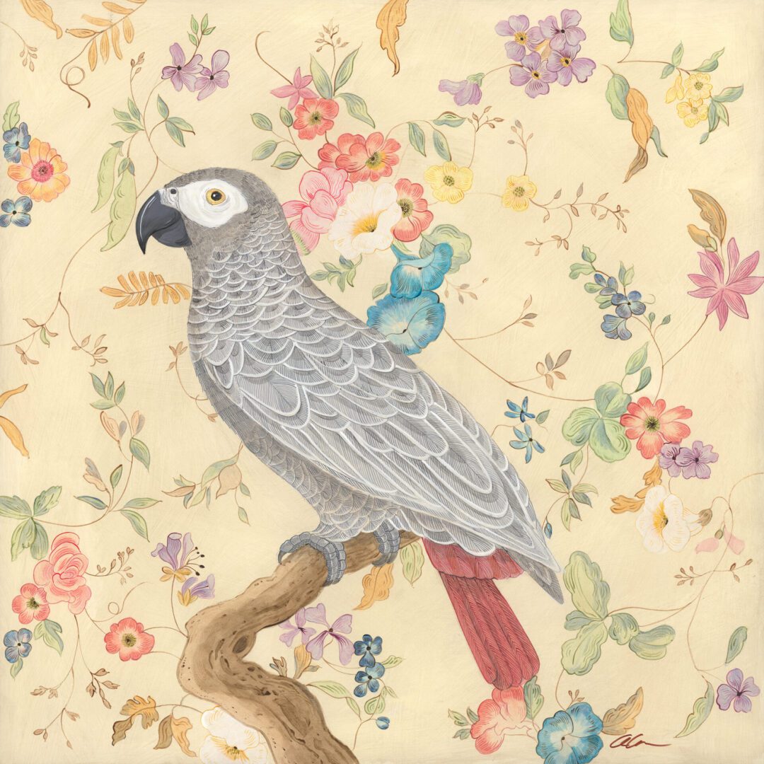 my-finest-flower-african-grey-parrot-art-by-Allison-Cosmos
