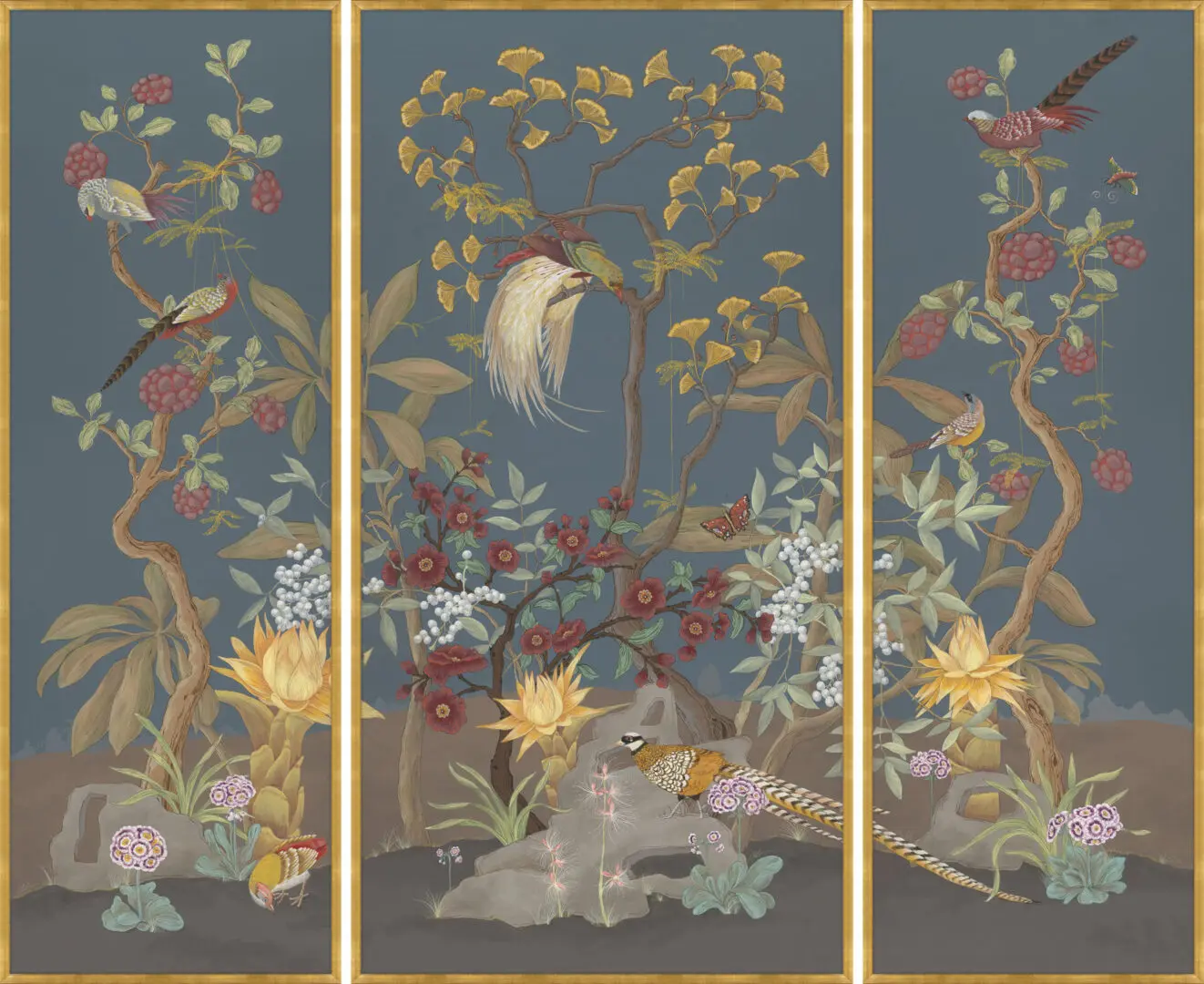 forest-pheasants-chinoiserie-art-triptych-by-Allison-Cosmos