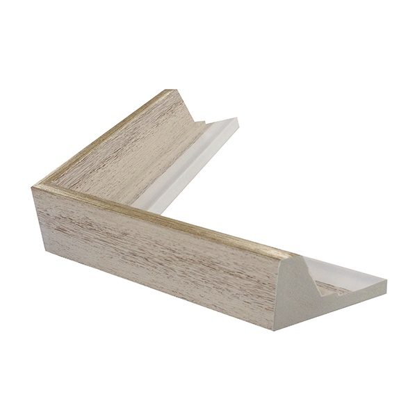 A wooden shelf with a white and gold finish.
