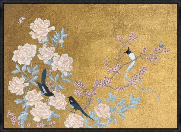 A "Chinoiserie Chic" gold peonies art print with birds, plum blossoms, and peonies on a gold background.