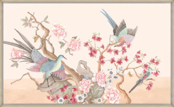 A "To be or not to be...Chat is the Question" Chinoiserie birds pink art print of birds and flowers on a branch.