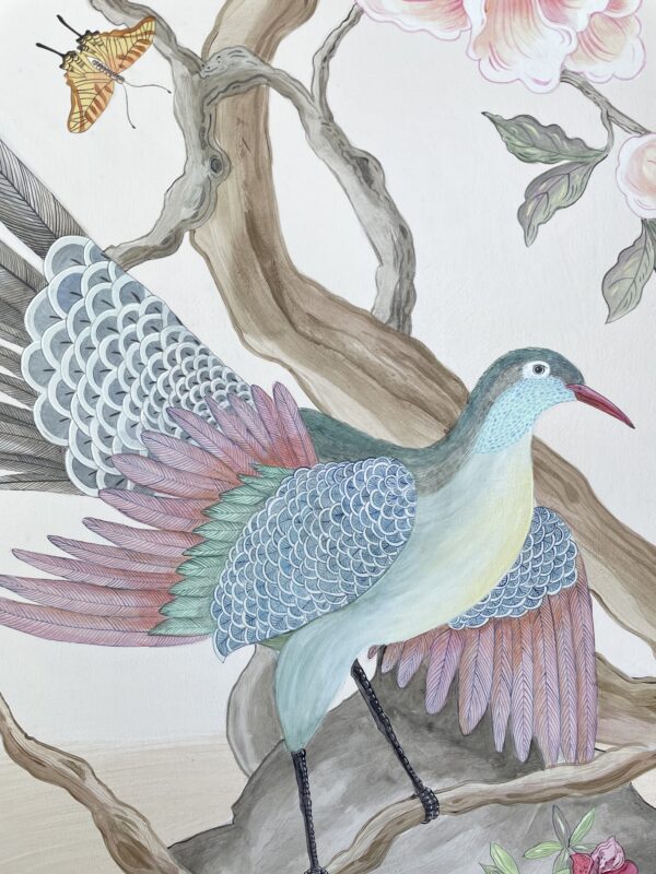 A "To be or not to be...Chat is the Question" Chinoiserie birds pink art print featuring pink birds perched on a branch, accompanied by a delicate butterfly.