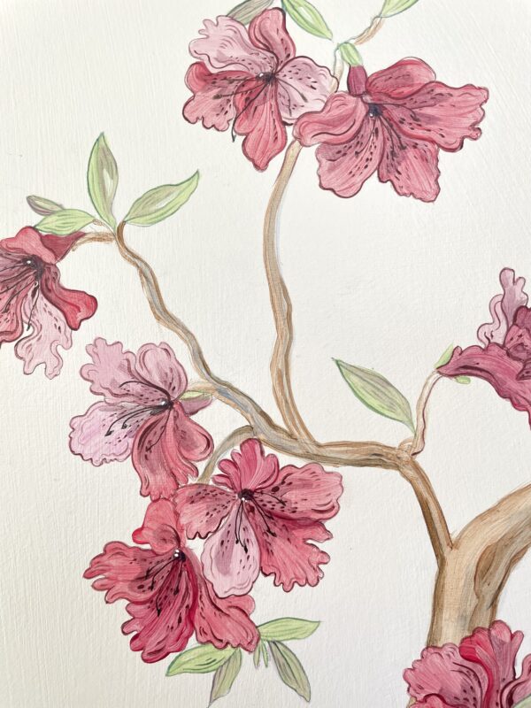 To be or not to be...Chat is the Question" Chinoiserie birds pink art print of pink flowers on a branch.