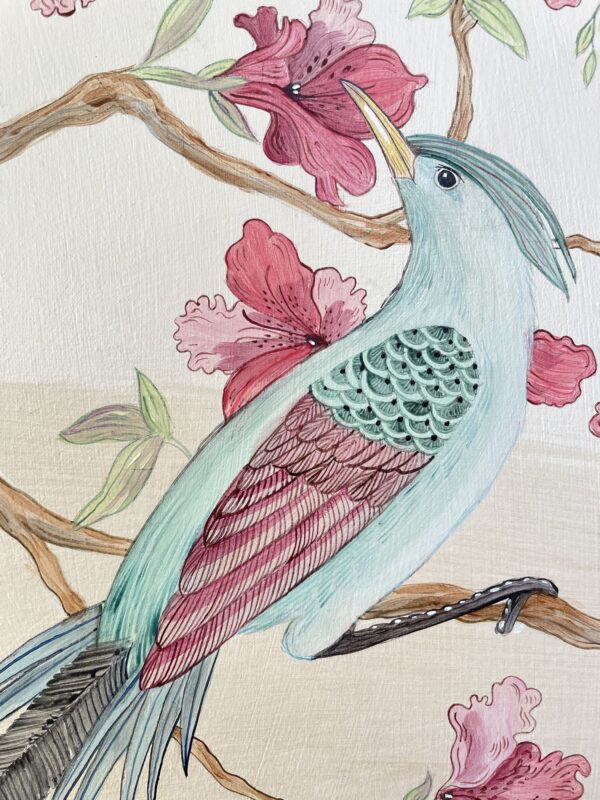 A "To be or not to be...Chat is the Question" Chinoiserie birds pink art print of a pink bird perched on a branch.