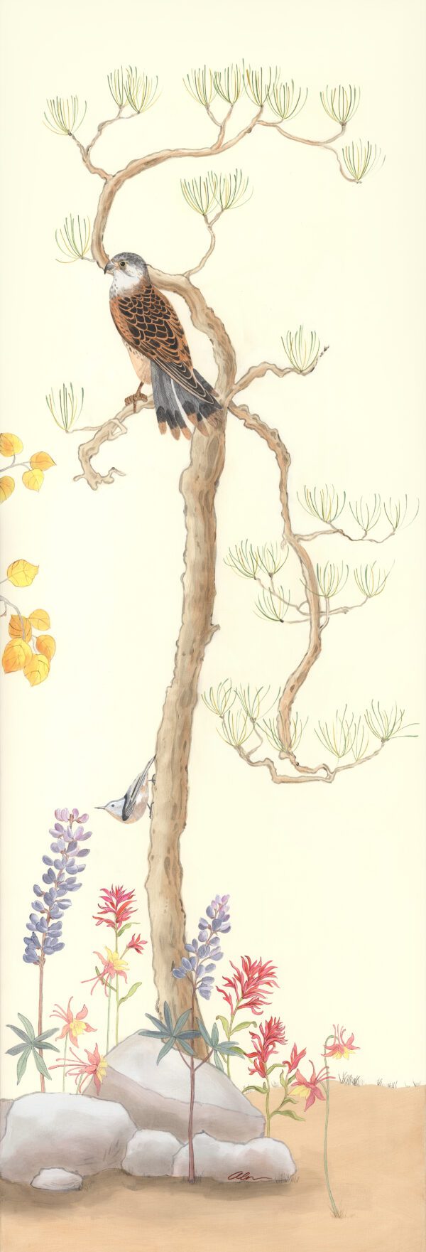 A scenic painting of a bird perched on a tree in a "Mountain Time" scenic mountain landscape setting.