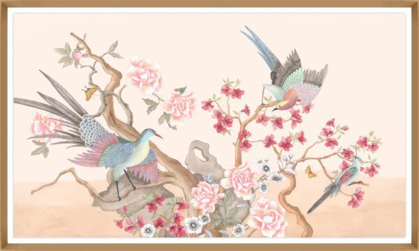 A "To be or not to be...Chat is the Question" chinoiserie birds pink art print of birds and flowers on a branch.