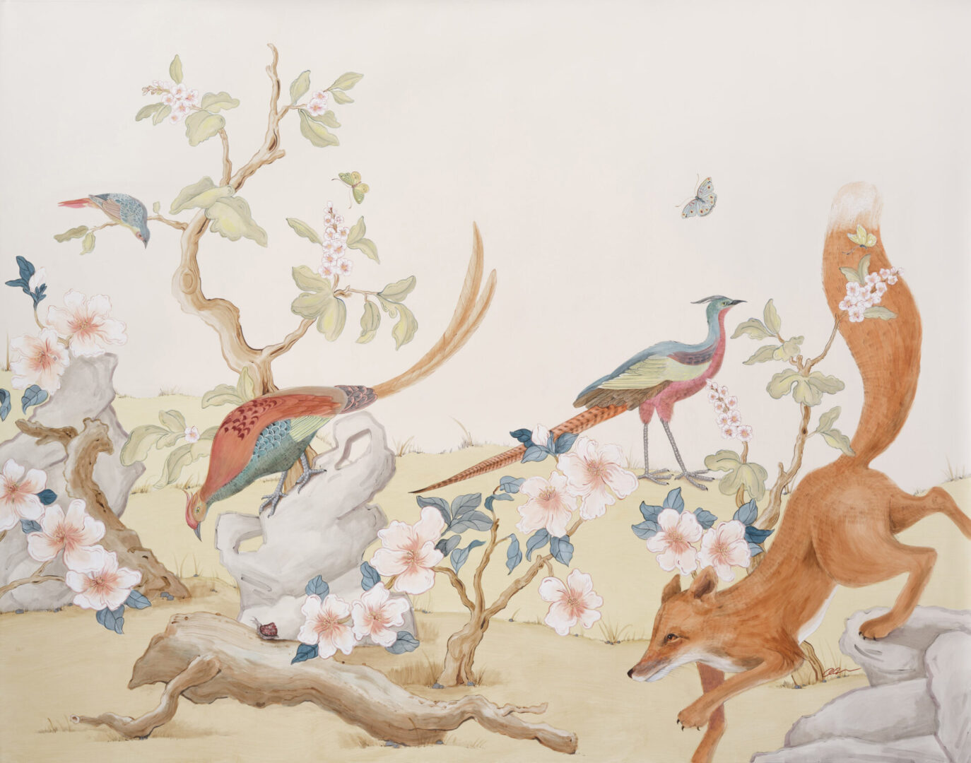 Clear-and-Pheasant-Danger-chinoiserie-fox-hunting-scene-painting-by-Allison-Cosmos
