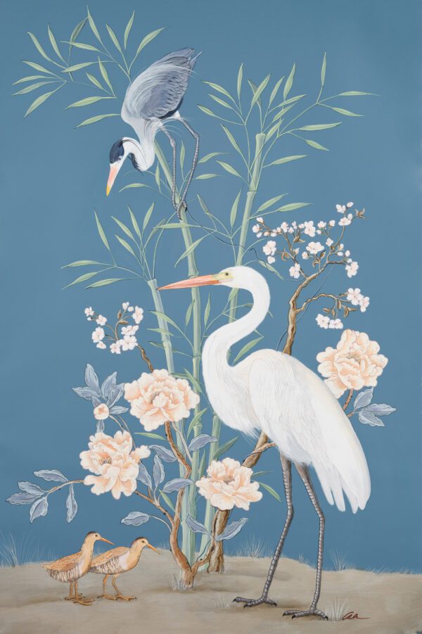 A "More Than Birds" Chinoiserie egret heron triptych of an egret and two ducks on a blue background.