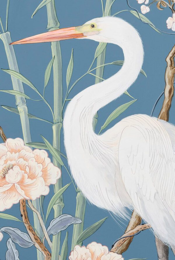 A painting of an egret on a blue background with flowers, depicting a "Clear and Pheasant Danger" Chinoiserie fox pheasant hunting scene.