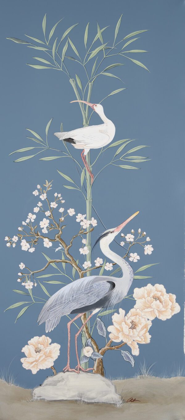 A "More Than Birds" Chinoiserie egret heron triptych featuring graceful herons amidst a vibrant display of flowers on a wall.